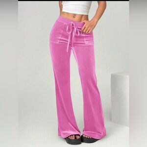 Hot Pink Barbie Velvet Velour Track Pants Pocket Flare Drawstring S NEW Lounge